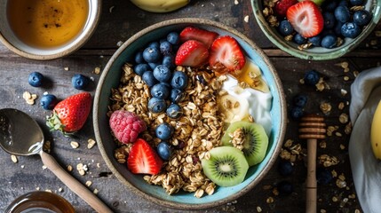 Wall Mural - A warm bowl of oatmeal topped with fresh fruit and yogurt, perfect for a cozy morning meal