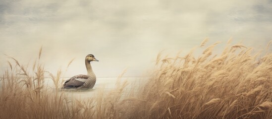 Poster - A duck gracefully glides through the water, surrounded by lush tall grasses as it interacts with its environment. with copy space image. Place for adding text or design