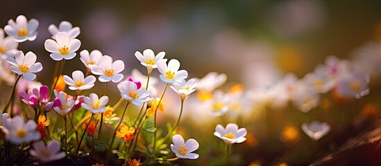 Aufkleber - Field of grass with flowers blooming under the sunlight. with copy space image. Place for adding text or design