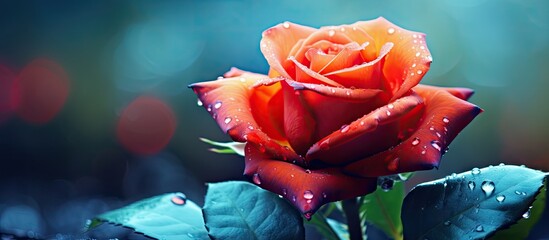 Poster - A captivating image of a rose covered in delicate water droplets, illuminated by soft, ambient lighting. with copy space image. Place for adding text or design