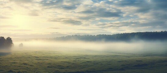 Wall Mural - Lush green field with scattered trees obscured by gentle morning mist. with copy space image. Place for adding text or design