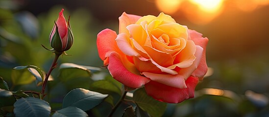 Poster - Vibrant rose blooming naturally in a picturesque garden setting, showcasing the beauty of nature's love. with copy space image. Place for adding text or design