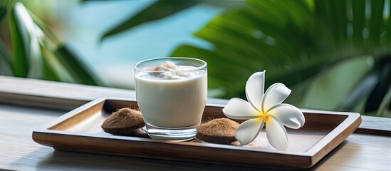 Fototapete - Glass of milk and a variety of nuts arranged on a tray for a wholesome snack. with copy space image. Place for adding text or design