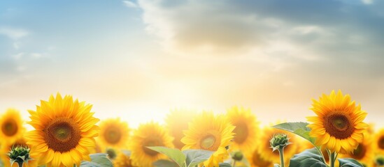 Fototapete - Lush sunflowers extend across a vast field under the vibrant hues of a clear blue sky on a sunny day. with copy space image. Place for adding text or design