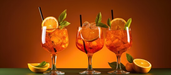 Leinwandbilder - The image features three glasses filled with refreshing orange juice, garnished with lemon slices and fresh mint leaves. with copy space image. Place for adding text or design