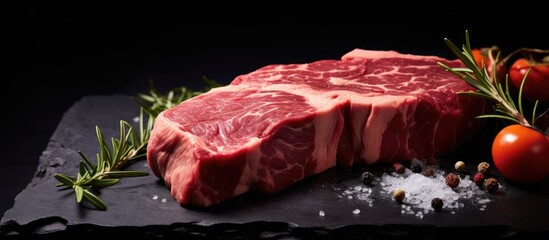 Leinwandbilder - Prime ribeye steak from Black Angus beef displayed on a wooden cutting board with fresh tomatoes and sprigs of rosemary. with copy space image. Place for adding text or design