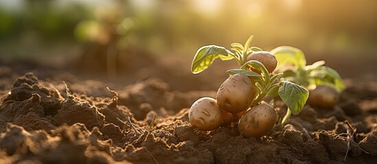 Leinwandbilder - Healthy potato plants thriving under the sun in a vast agricultural field, while another plant shows signs of disease caused by late blight. with copy space image. Place for adding text or design