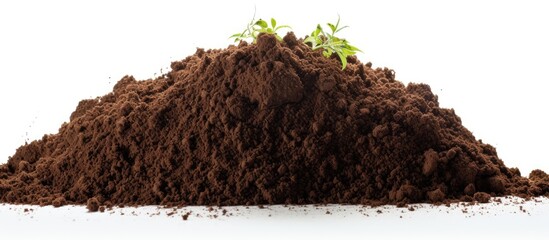Poster - A tiny green plant emerging from a pile of dirt, displaying the beginnings of growth and life. with copy space image. Place for adding text or design
