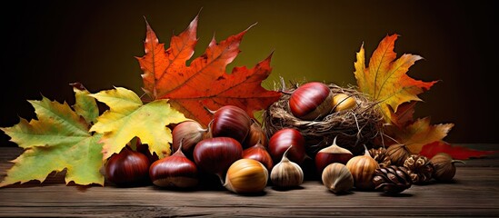 Poster - Chestnuts and colorful autumn leaves arranged in a still life composition. with copy space image. Place for adding text or design