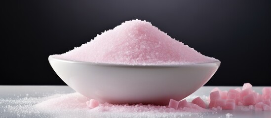 Aufkleber - Close-up view of a bowl filled with pink sugar accompanied by a stack of sugar cubes. with copy space image. Place for adding text or design