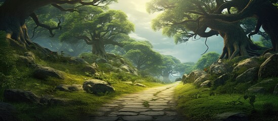 Poster - The winding path through the forest is lined with rocks and trees, a natural guide for wanderers. with copy space image. Place for adding text or design