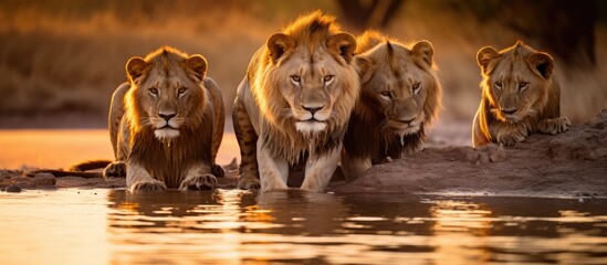 Aufkleber - Group of lions leisurely walking near the riverbank against the backdrop of a sunset. with copy space image. Place for adding text or design