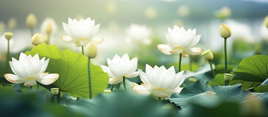 Fototapete - Numerous white flowers bloom across the expansive field, creating a serene and picturesque scene. with copy space image. Place for adding text or design