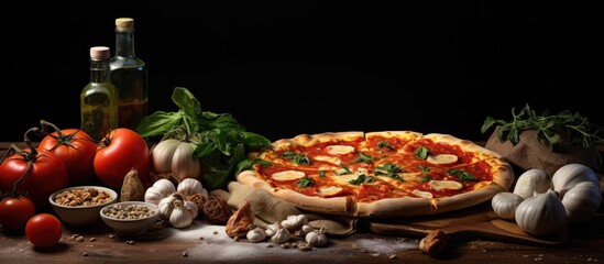 Poster - A table displays a delicious pizza surrounded by various fresh seafood ingredients. with copy space image. Place for adding text or design