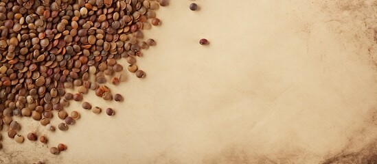 Aufkleber - Pile of seeds on a table with a piece of paper juxtaposed with textured old paper background featuring lentils. with copy space image. Place for adding text or design