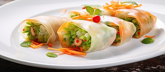 Wall Mural - Spring rolls, filled with vegetables, are arranged on a white plate accompanied by a decorative garnish. with copy space image. Place for adding text or design