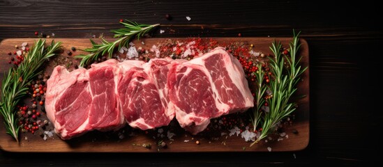 Leinwandbilder - Close-up of raw beef steaks with fresh rosemary sprigs on a wooden cutting board, ready for cooking. with copy space image. Place for adding text or design