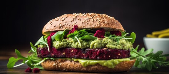Aufkleber - Close-up image of a delicious vegan beet and quinoa burger topped with fresh avocado dressing. with copy space image. Place for adding text or design