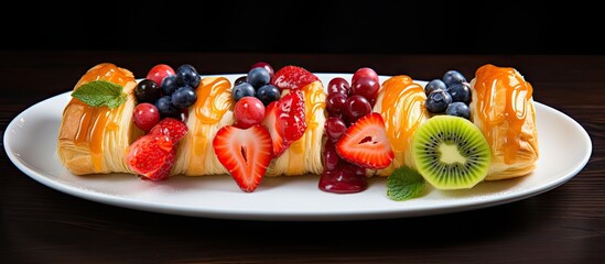 Poster - Assorted fruits such as strawberry, blueberry, peach, and kiwi topping on Danish pastry placed on a white plate on a table. with copy space image. Place for adding text or design