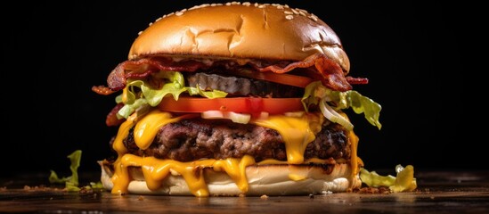 Poster - Delicious burger filled with gooey cheddar cheese and crispy bacon, garnished with fresh lettuce and juicy tomato. with copy space image. Place for adding text or design