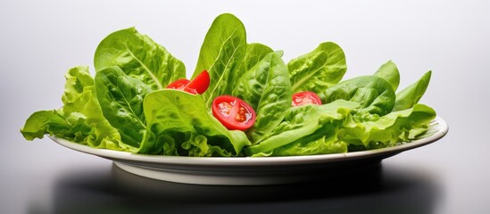 Poster - Plate with crisp lettuce leaves and juicy red tomatoes resting on a table. with copy space image. Place for adding text or design