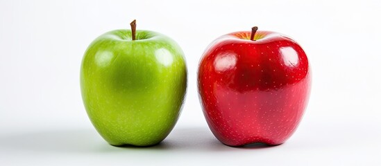 Poster - Red and green apple positioned next to each other on a plain white background with selective focus. with copy space image. Place for adding text or design