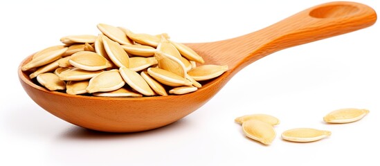 Aufkleber - A wooden spoon is topped with a pile of peanuts, resting on a clean white surface. with copy space image. Place for adding text or design
