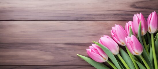 Aufkleber - Pink tulips elegantly arranged on an aged wooden background creating a charming rustic display. with copy space image. Place for adding text or design