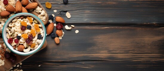Aufkleber - Mix of assorted nuts and dried fruits in a bowl placed on a rustic wooden table, a wholesome snack. with copy space image. Place for adding text or design