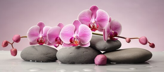 Fototapete - Two therapy stones complement two pink orchids in a still life arrangement. with copy space image. Place for adding text or design