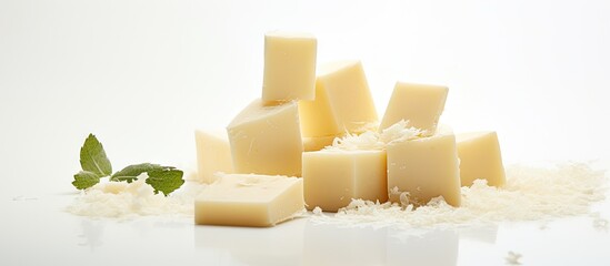 Aufkleber - Assorted pieces of cheese rest on a plain white tabletop, including Italian parmesan blocks. with copy space image. Place for adding text or design