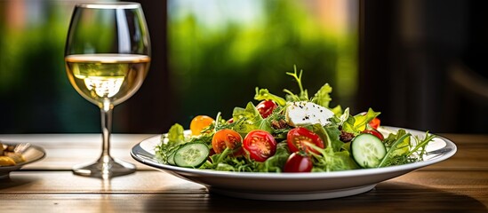 Wall Mural - Plateful of salad and a glass of wine set on a wooden table, showcasing a close-up view. with copy space image. Place for adding text or design