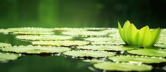 Wall Mural - Lush green lily pad with a delicate flower resting on the surface of a tranquil pond. with copy space image. Place for adding text or design