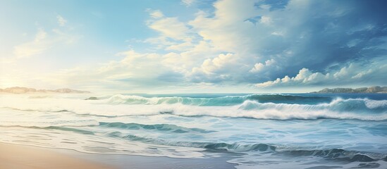 Aufkleber - Waves crashing on sandy beach creating a serene seascape with coastal vibes. with copy space image. Place for adding text or design