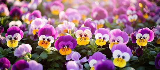 Aufkleber - Vibrant purple and yellow pansies beautifully blooming in a lush field of green leaves. with copy space image. Place for adding text or design
