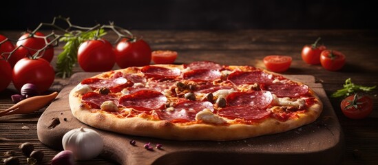 Poster - Savory pizza with flavorful pepperoni, melted cheese, and fresh tomatoes arranged on a wooden cutting board. with copy space image. Place for adding text or design