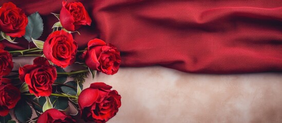 Poster - Red roses blooming on a textile surface viewed from above, creating a vibrant display. with copy space image. Place for adding text or design
