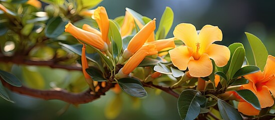 Aufkleber - Bright yellow flower in full bloom on a tree, adding a vibrant touch to the garden landscape. with copy space image. Place for adding text or design