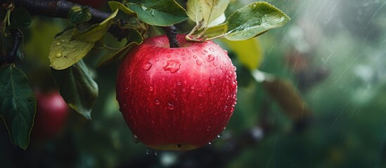 Poster - Juicy apple hanging on the vine with glistening water droplets, ready for harvest. with copy space image. Place for adding text or design