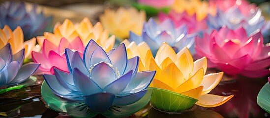 Aufkleber - Multiple brightly colored lotus flowers floating elegantly on the calm surface of a pond, creating a stunning visual display. with copy space image. Place for adding text or design