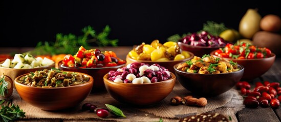 Poster - Wooden bowls holding a variety of savory snacks arranged on a table for a party or gathering. with copy space image. Place for adding text or design