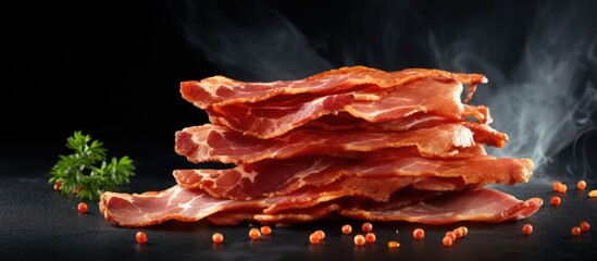 Poster - A detailed view of a heap of bacon with a green parsley sprig, alongside smoked bacon slices on a sleek grey background. with copy space image. Place for adding text or design