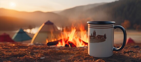 Poster - Metallic mug placed close to a roaring campfire in the remote wilderness location. with copy space image. Place for adding text or design
