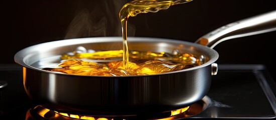 Poster - Pouring cooking oil from a bottle into a pot placed on a stove for cooking. with copy space image. Place for adding text or design