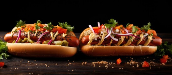 Fototapete - Two appetizing hot dogs loaded with various toppings placed on a rustic wooden table. with copy space image. Place for adding text or design