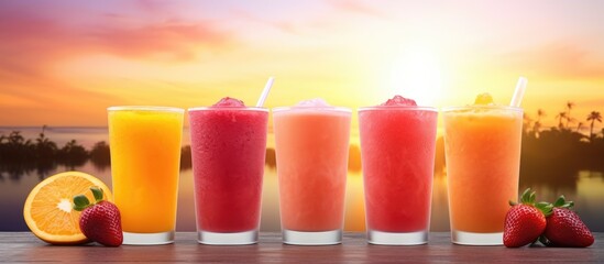 Aufkleber - A picturesque scene of four glasses filled with a blend of strawberry, passion fruit, orange, and apple juices standing atop a table, with a stunning sunset in the background. with copy space image