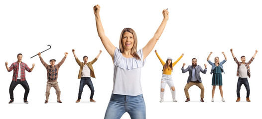 Poster - Happy young woman raising arms up and group of people cheering behind