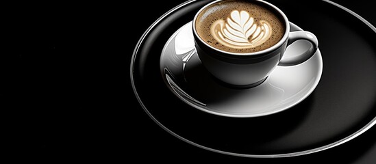 Aufkleber - Monochrome plate holding coffee placed against a dark background. with copy space image. Place for adding text or design