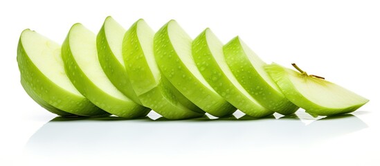 Aufkleber - Fresh green apple slices arranged neatly against a clean white backdrop. with copy space image. Place for adding text or design