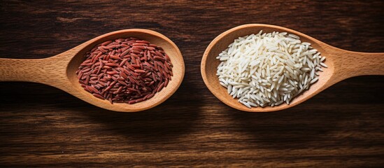 Leinwandbilder - Wooden spoons filled with a mix of red and white uncooked rice grains, creating a contrast of colors and textures. with copy space image. Place for adding text or design